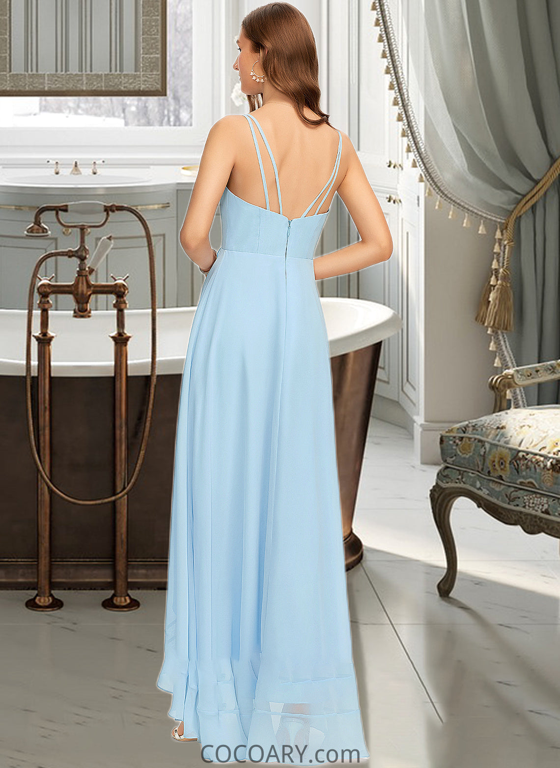 Haleigh A-Line V-neck Asymmetrical Chiffon Bridesmaid Dress With Cascading Ruffles DA8P0013145