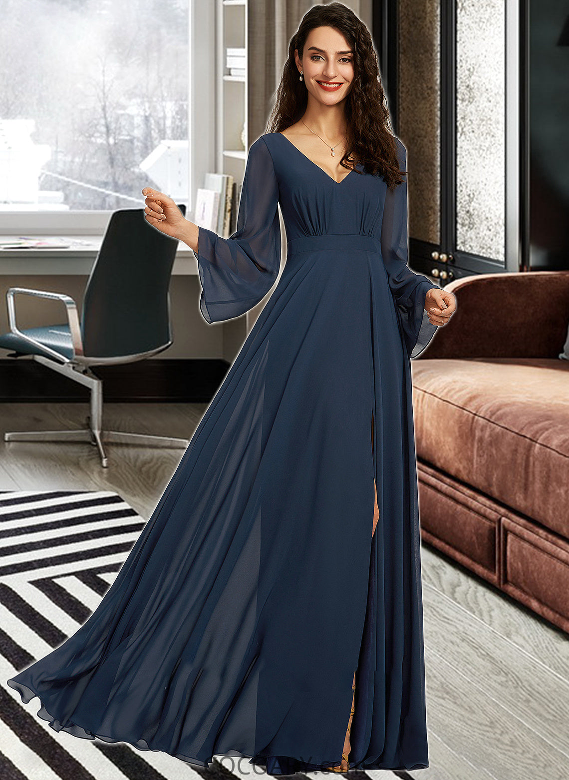 Mariam A-Line V-neck Floor-Length Bridesmaid Dress With Split Front DA8P0013158