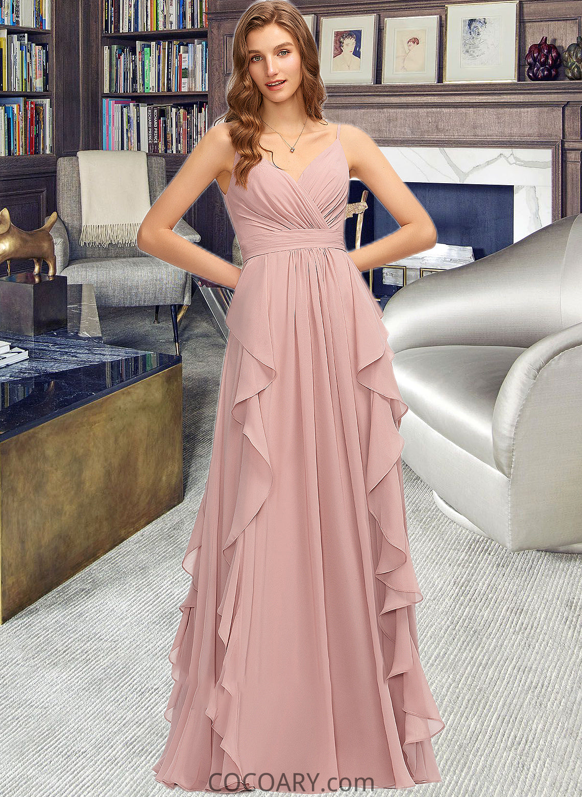 Kamryn A-Line V-neck Floor-Length Chiffon Bridesmaid Dress With Ruffle Cascading Ruffles DA8P0013161