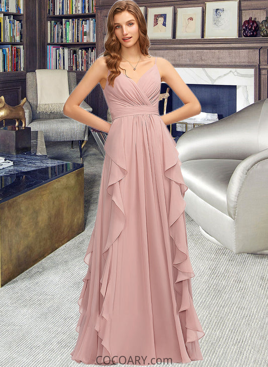 Kamryn A-Line V-neck Floor-Length Chiffon Bridesmaid Dress With Ruffle Cascading Ruffles DA8P0013161