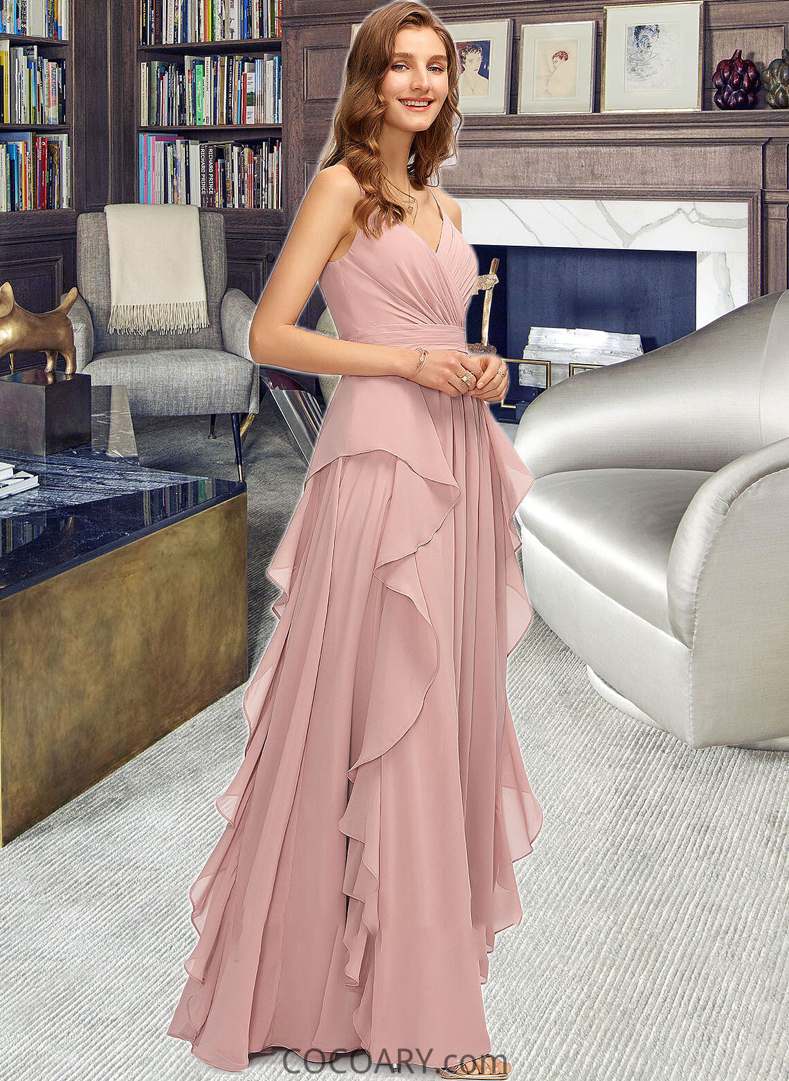 Kamryn A-Line V-neck Floor-Length Chiffon Bridesmaid Dress With Ruffle Cascading Ruffles DA8P0013161