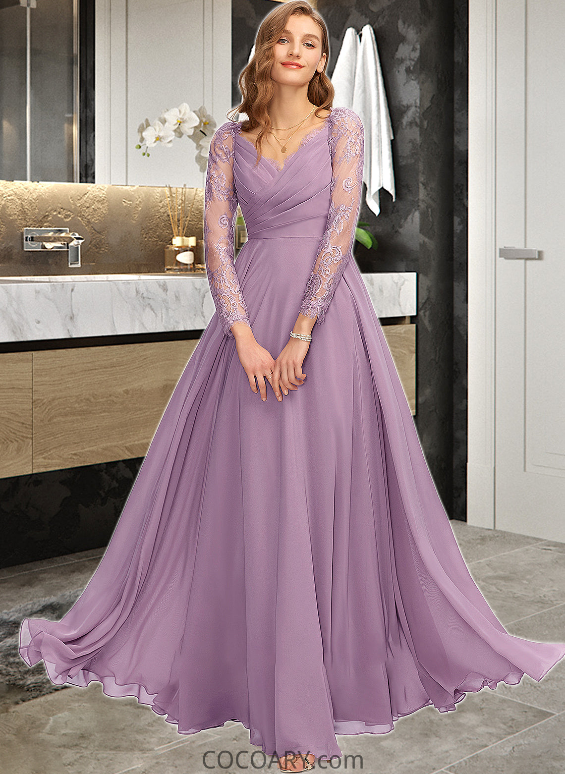 Kaylin A-Line V-neck Floor-Length Chiffon Bridesmaid Dress DA8P0013162