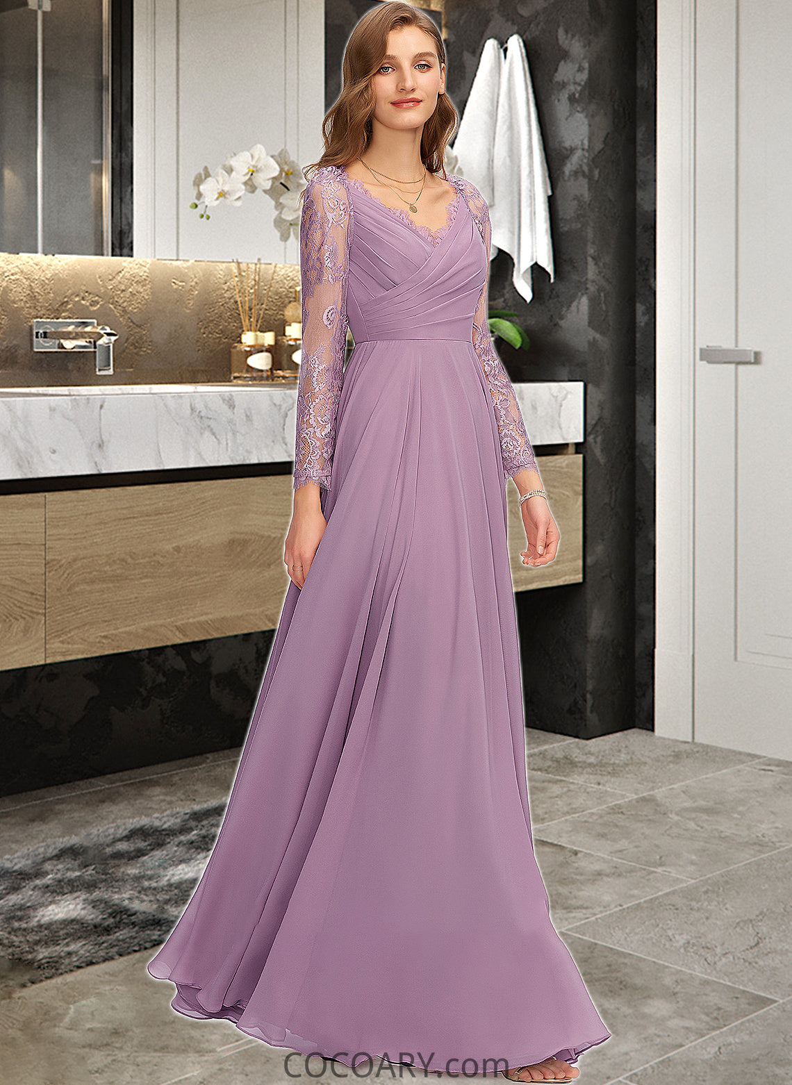 Kaylin A-Line V-neck Floor-Length Chiffon Bridesmaid Dress DA8P0013162