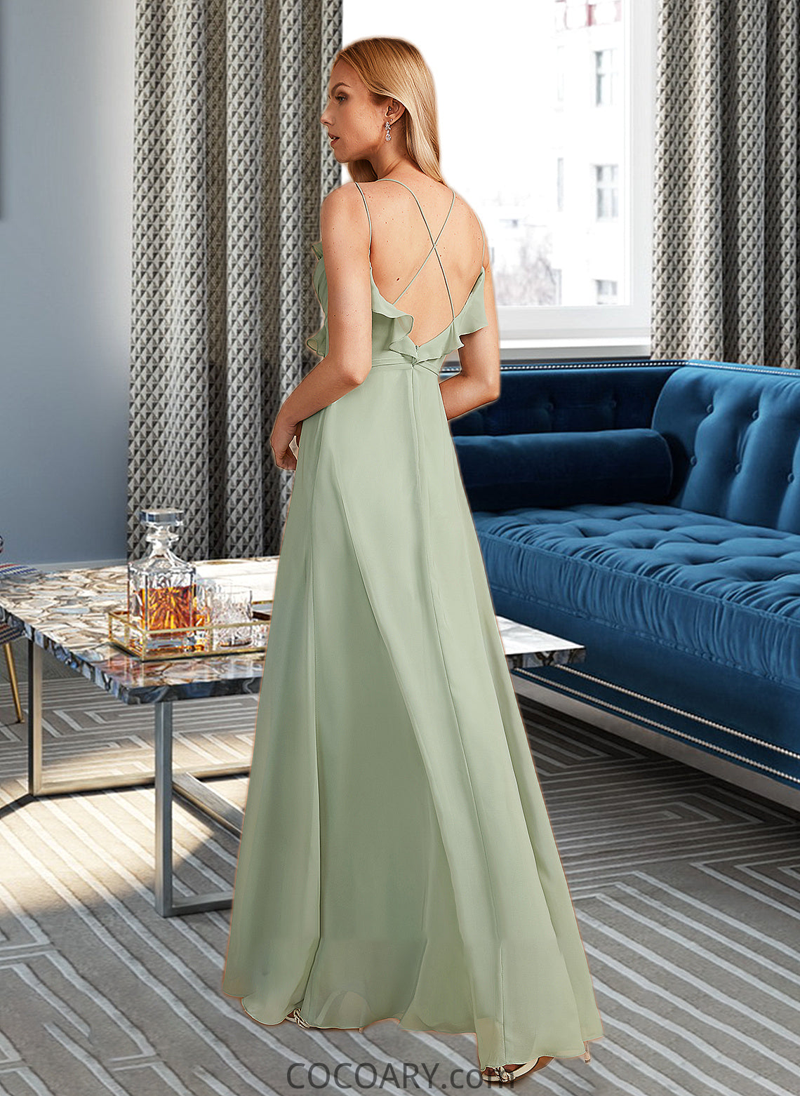 Florence A-Line V-neck Floor-Length Bridesmaid Dress With Ruffle DA8P0013164