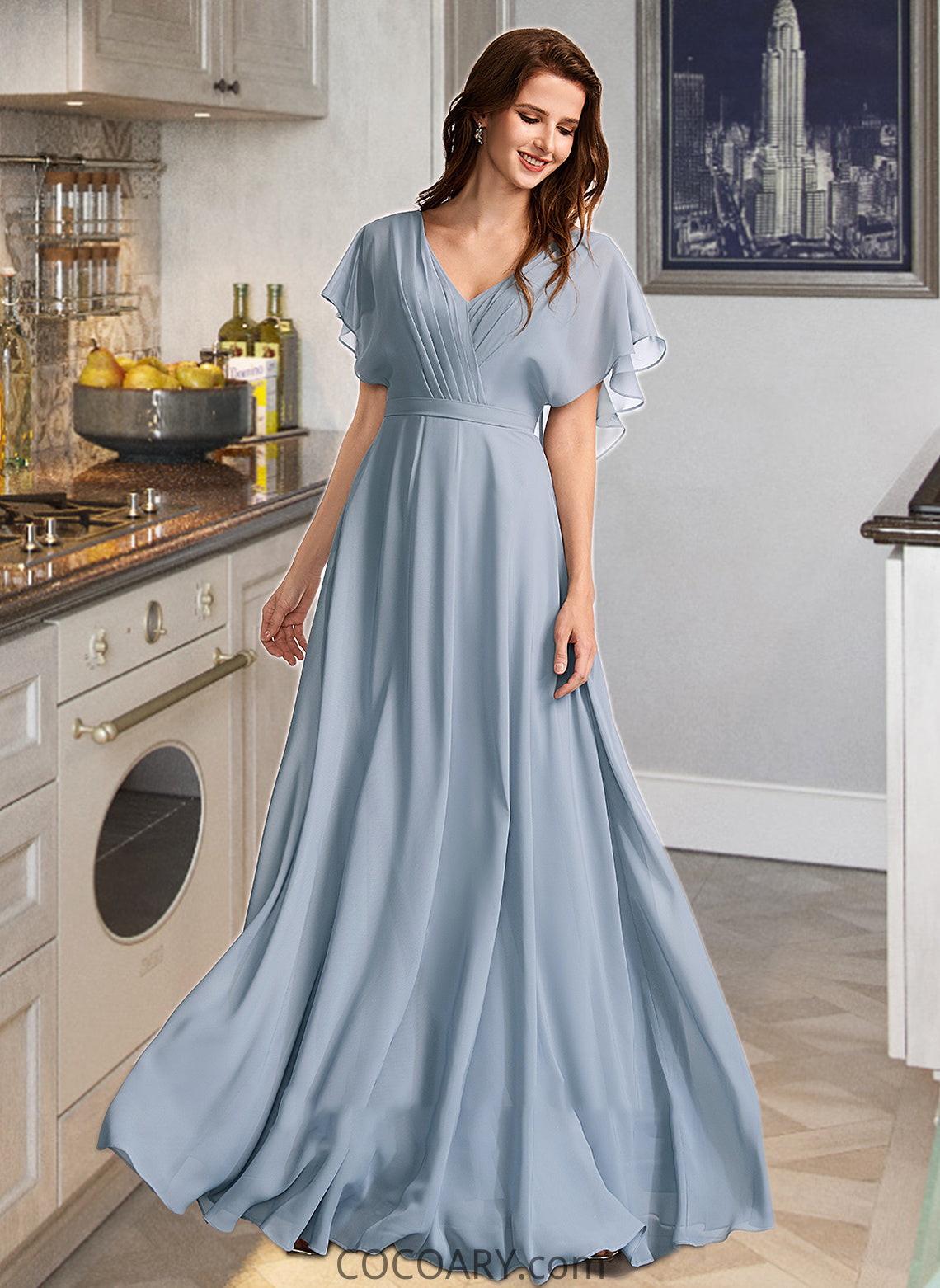 Jo A-Line V-neck Floor-Length Bridesmaid Dress With Ruffle DA8P0013165