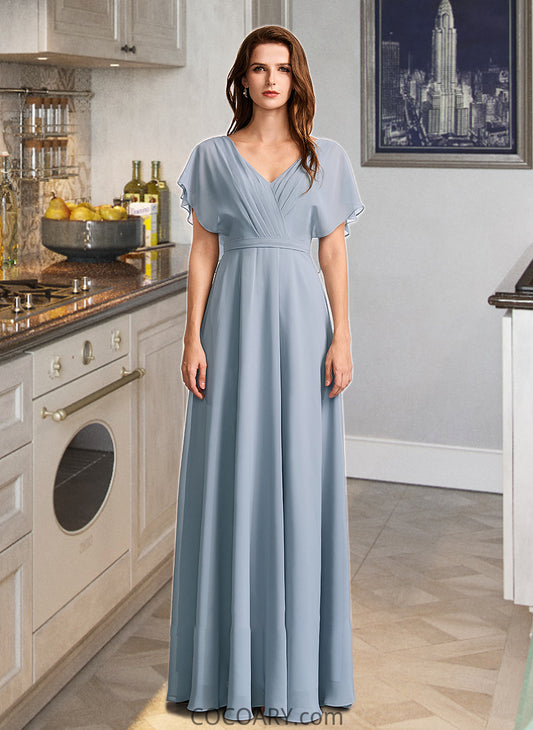 Jo A-Line V-neck Floor-Length Bridesmaid Dress With Ruffle DA8P0013165