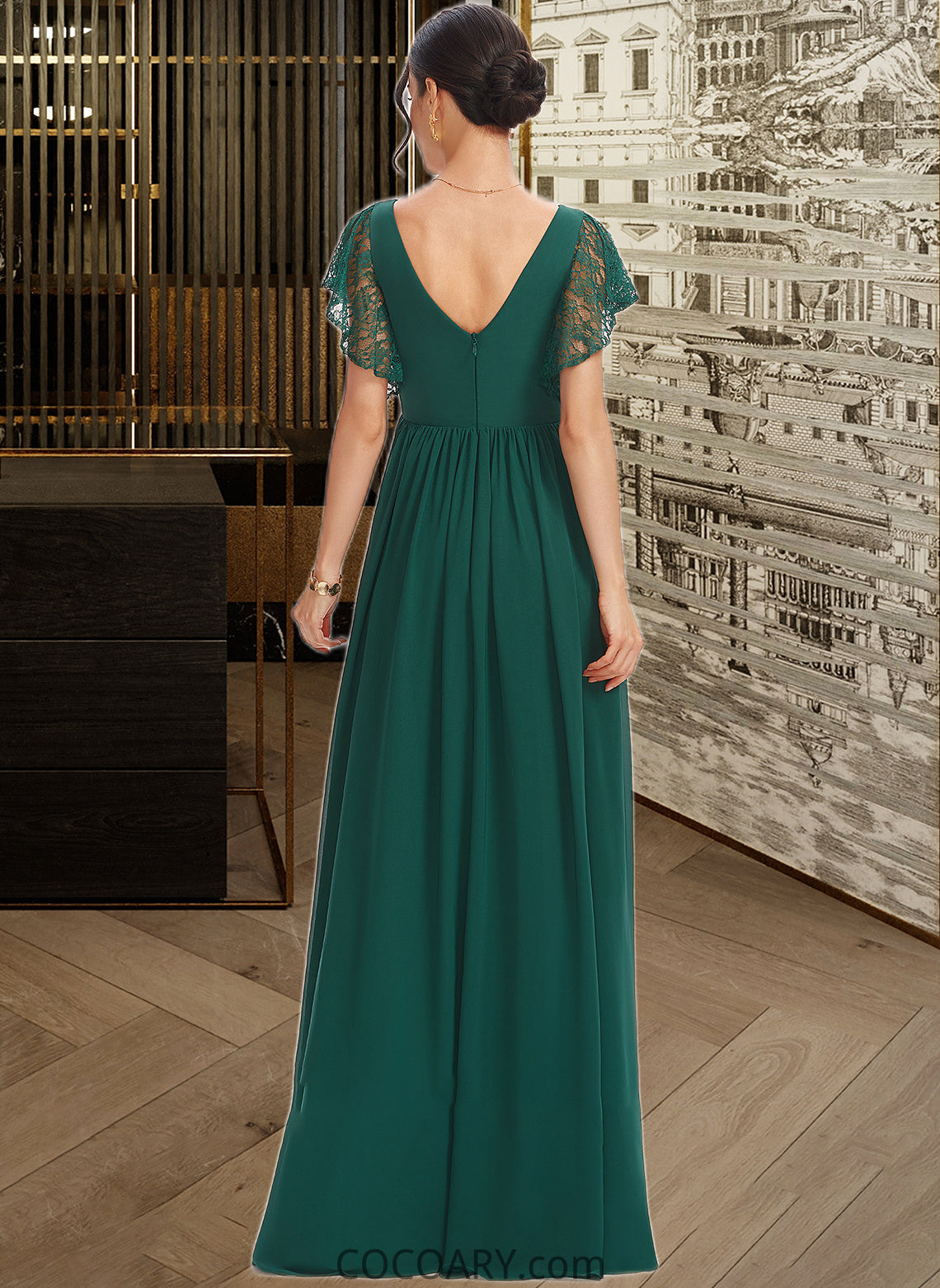 Charity A-Line V-neck Floor-Length Bridesmaid Dress With Lace Split Front DA8P0013166