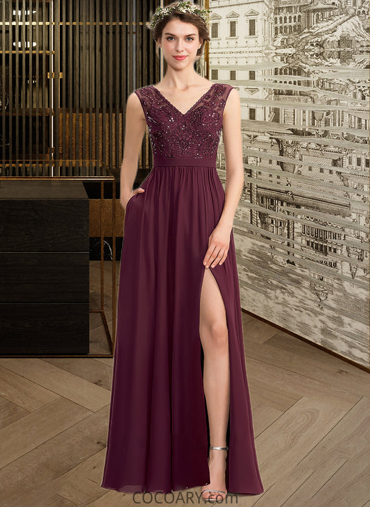 Veronica A-Line V-neck Floor-Length Chiffon Lace Bridesmaid Dress With Beading Sequins Split Front Pockets DA8P0013168