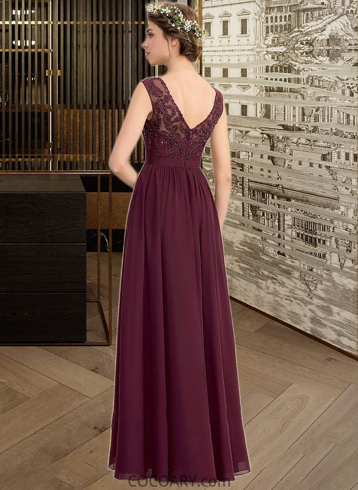 Veronica A-Line V-neck Floor-Length Chiffon Lace Bridesmaid Dress With Beading Sequins Split Front Pockets DA8P0013168