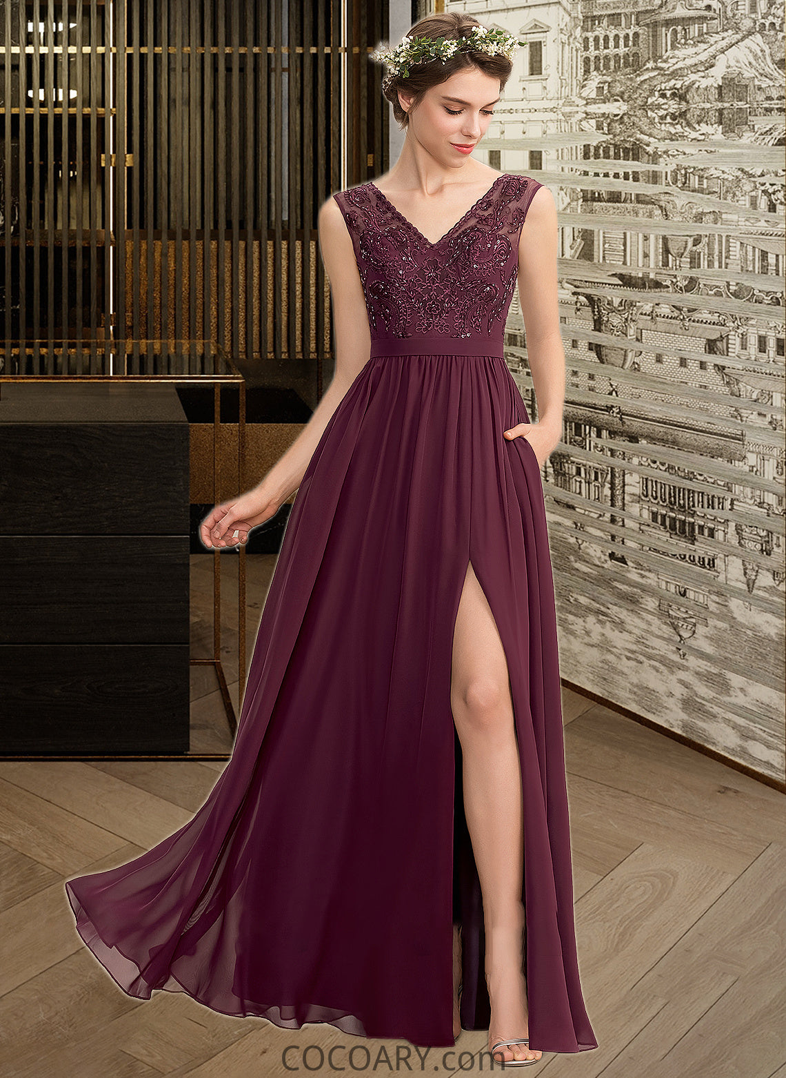 Veronica A-Line V-neck Floor-Length Chiffon Lace Bridesmaid Dress With Beading Sequins Split Front Pockets DA8P0013168