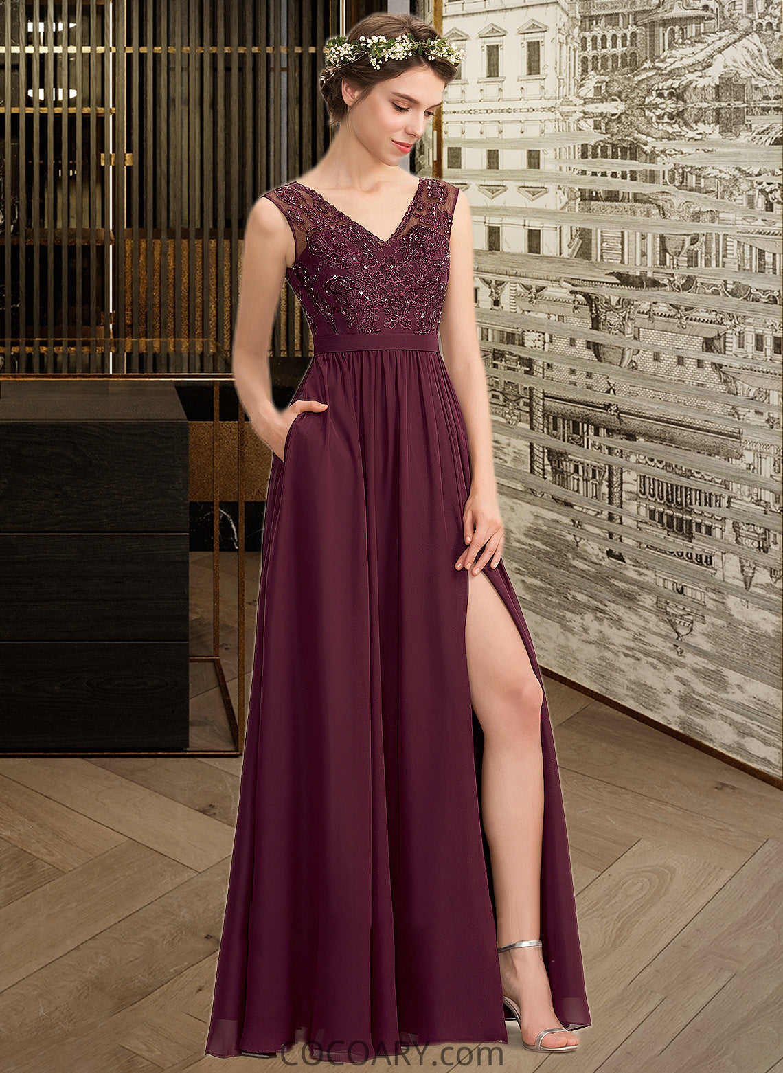 Veronica A-Line V-neck Floor-Length Chiffon Lace Bridesmaid Dress With Beading Sequins Split Front Pockets DA8P0013168