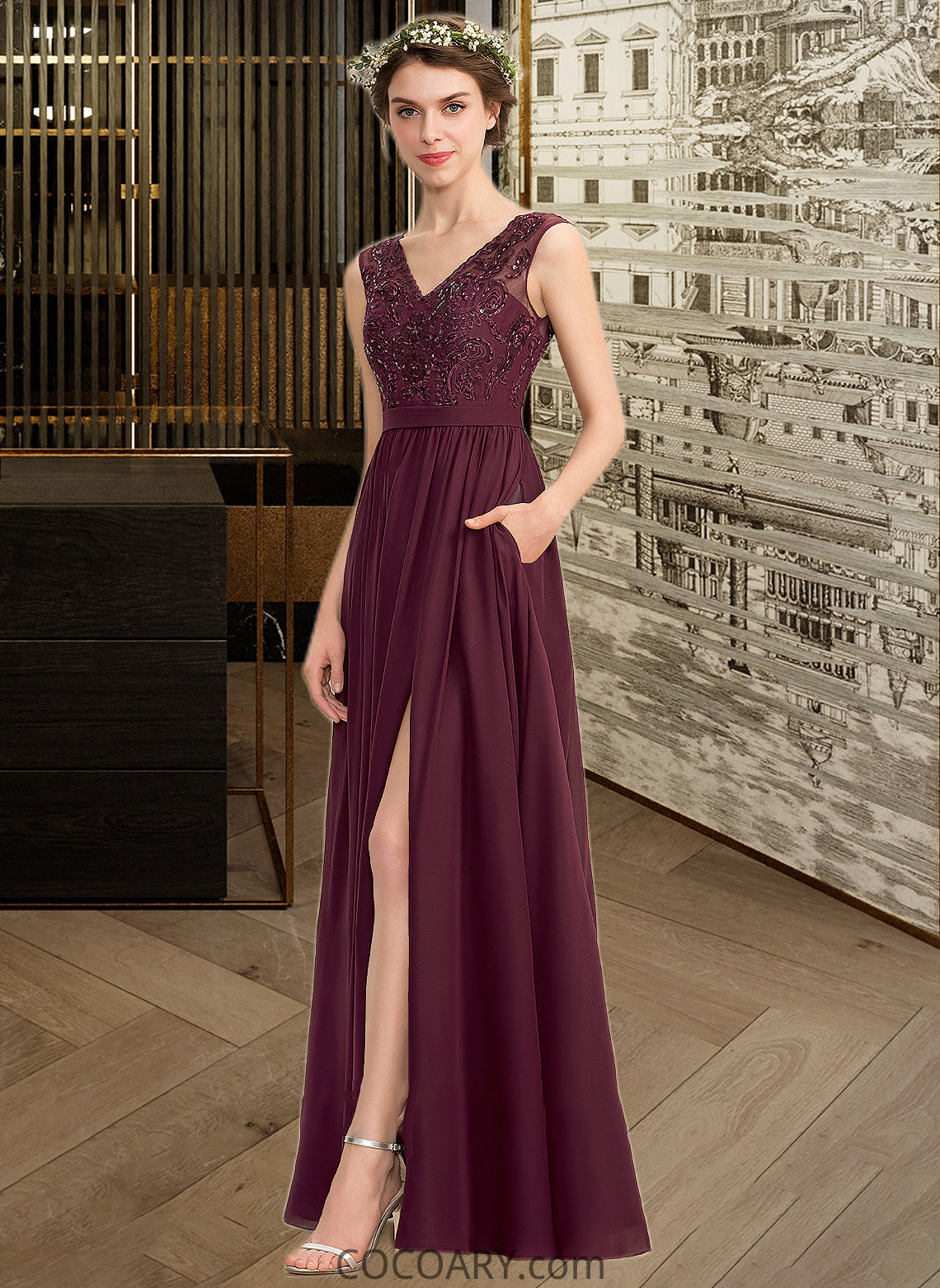 Veronica A-Line V-neck Floor-Length Chiffon Lace Bridesmaid Dress With Beading Sequins Split Front Pockets DA8P0013168