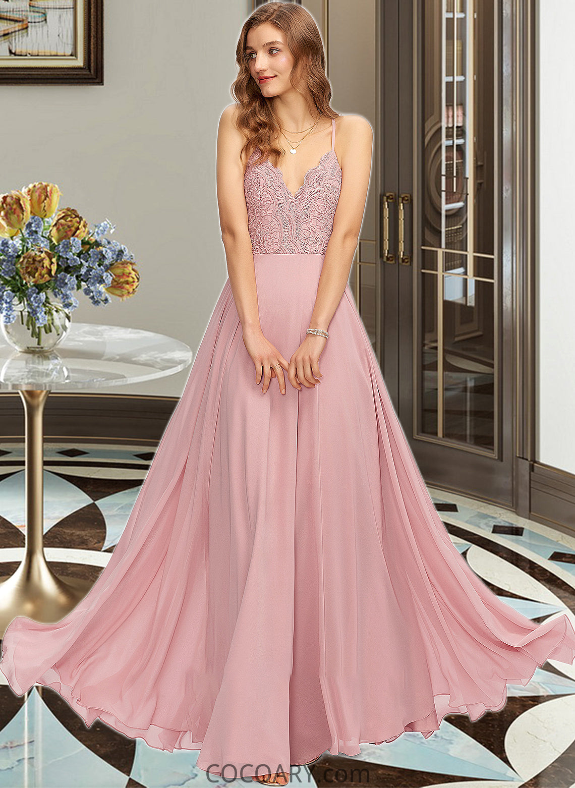 Kayden A-Line V-neck Floor-Length Chiffon Bridesmaid Dress DA8P0013173