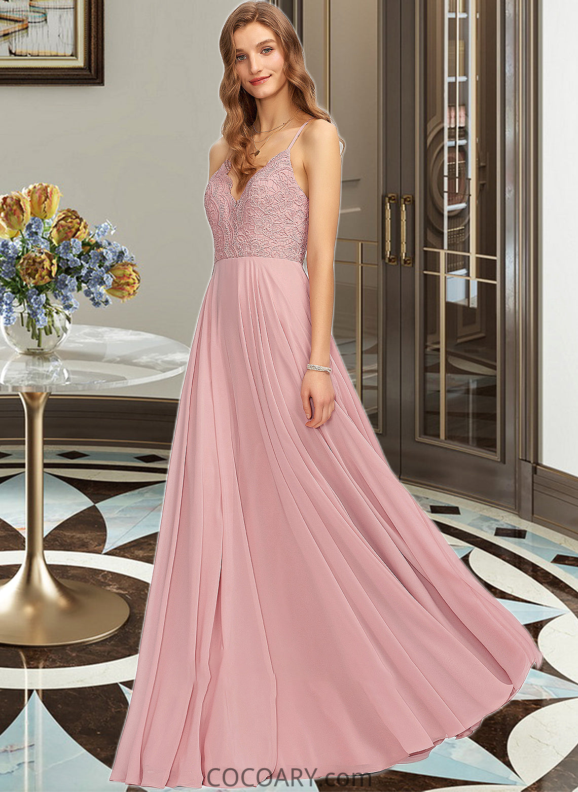 Kayden A-Line V-neck Floor-Length Chiffon Bridesmaid Dress DA8P0013173