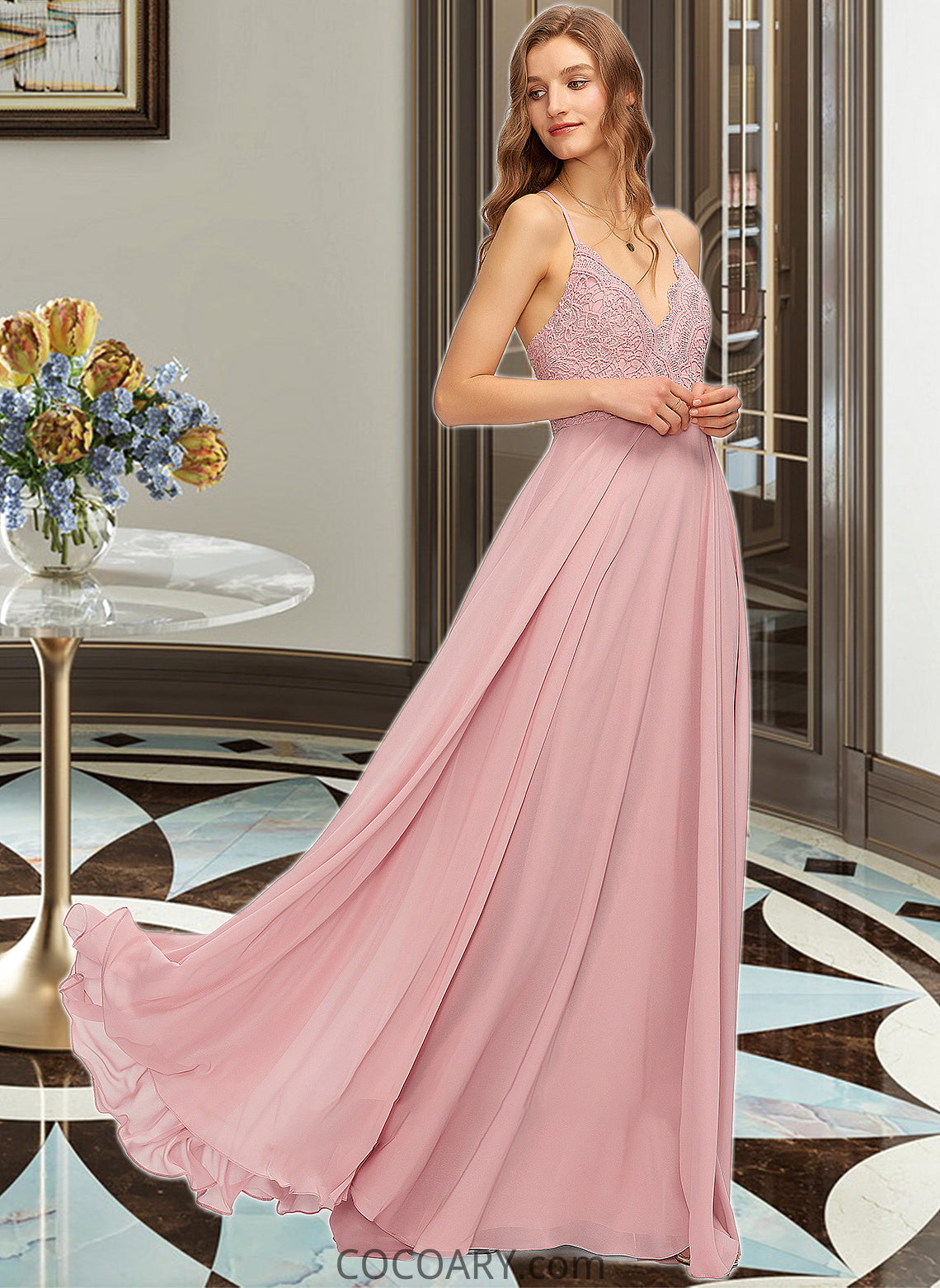 Kayden A-Line V-neck Floor-Length Chiffon Bridesmaid Dress DA8P0013173