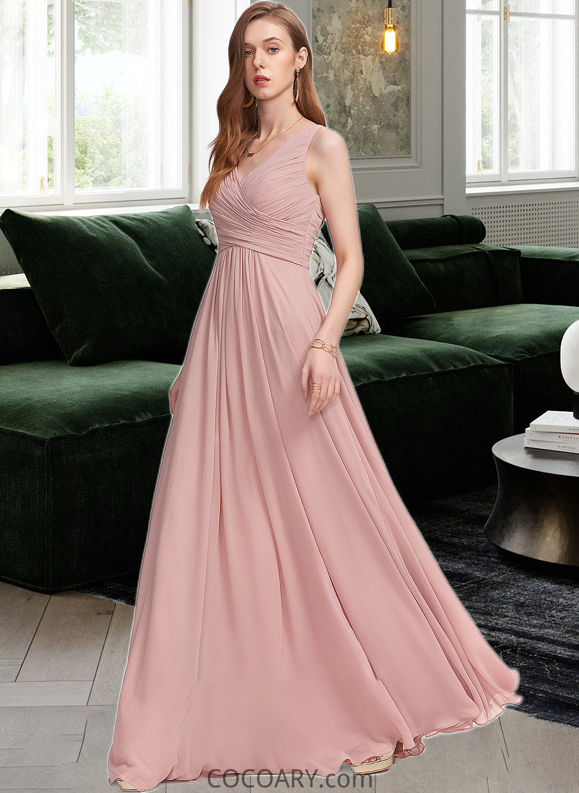 Joan A-Line V-neck Floor-Length Chiffon Bridesmaid Dress With Ruffle DA8P0013174