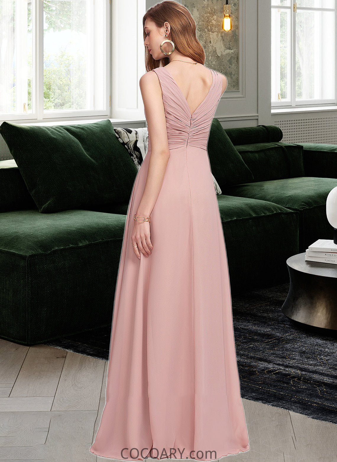 Joan A-Line V-neck Floor-Length Chiffon Bridesmaid Dress With Ruffle DA8P0013174