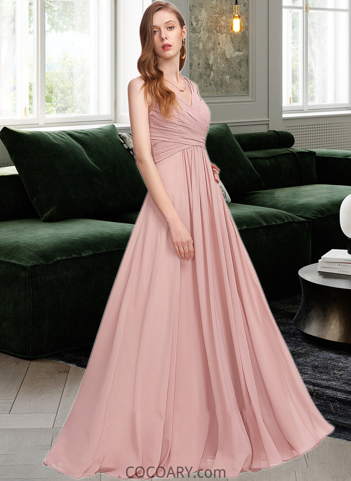 Joan A-Line V-neck Floor-Length Chiffon Bridesmaid Dress With Ruffle DA8P0013174