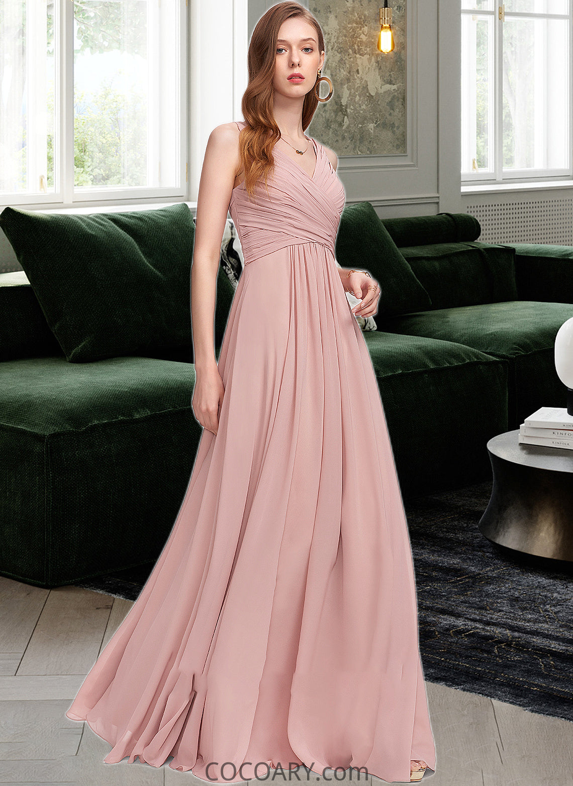 Joan A-Line V-neck Floor-Length Chiffon Bridesmaid Dress With Ruffle DA8P0013174