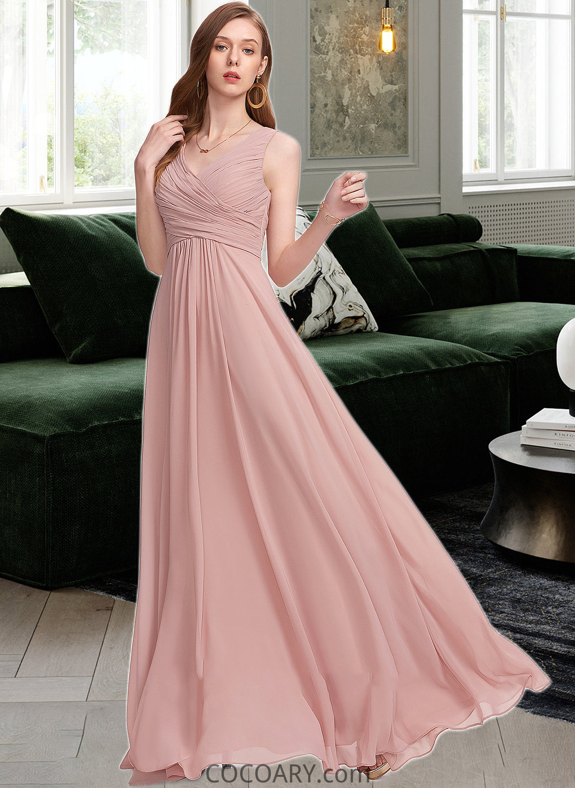 Joan A-Line V-neck Floor-Length Chiffon Bridesmaid Dress With Ruffle DA8P0013174