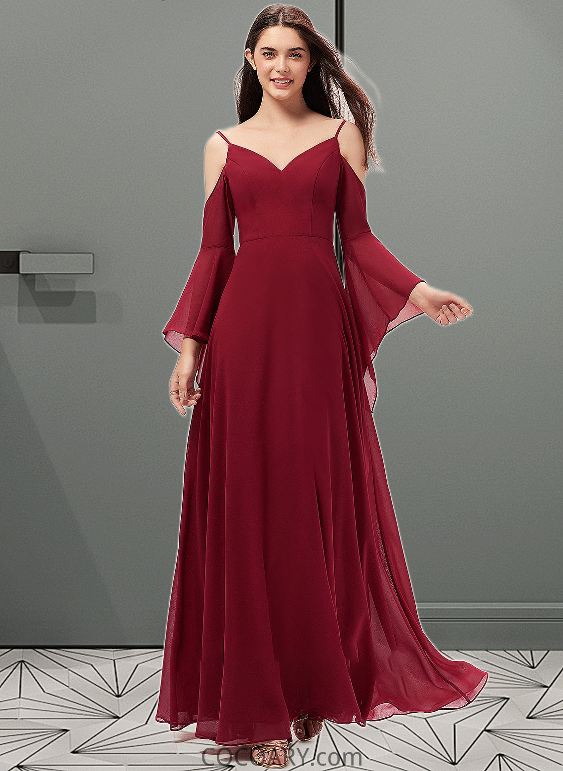 Zoey A-line V-Neck Floor-Length Chiffon Bridesmaid Dress DA8P0013178