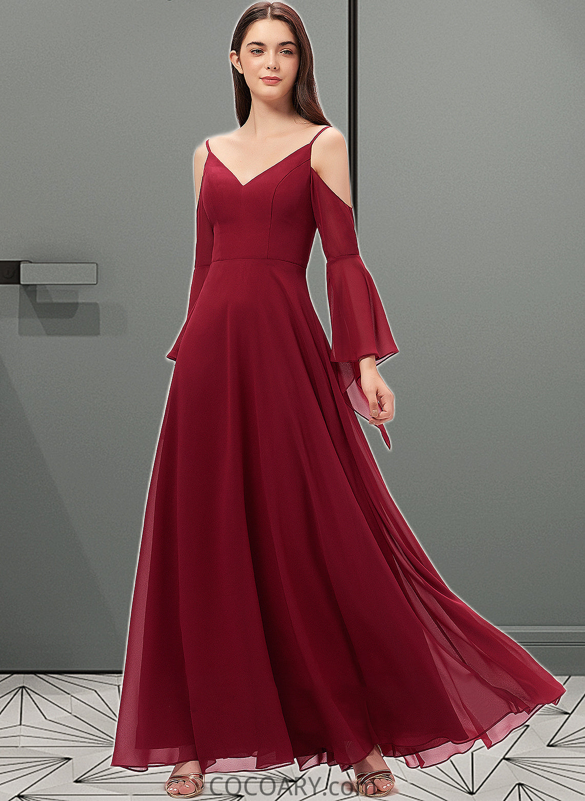 Zoey A-line V-Neck Floor-Length Chiffon Bridesmaid Dress DA8P0013178