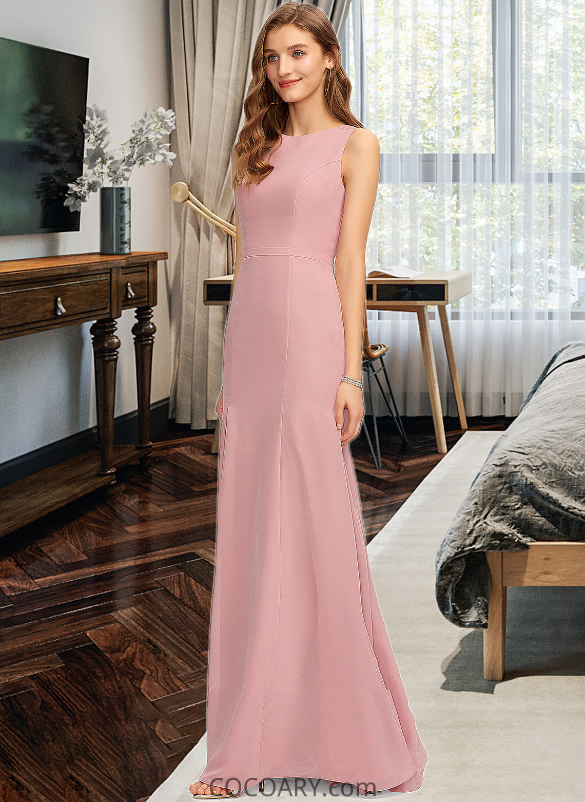 Rosalie Sheath/Column Scoop Neck Floor-Length Chiffon Bridesmaid Dress With Split Front DA8P0013179