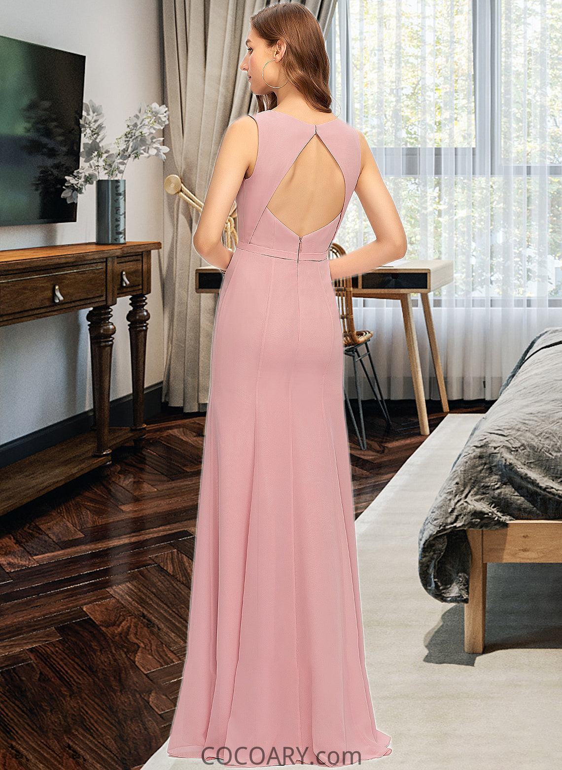 Rosalie Sheath/Column Scoop Neck Floor-Length Chiffon Bridesmaid Dress With Split Front DA8P0013179