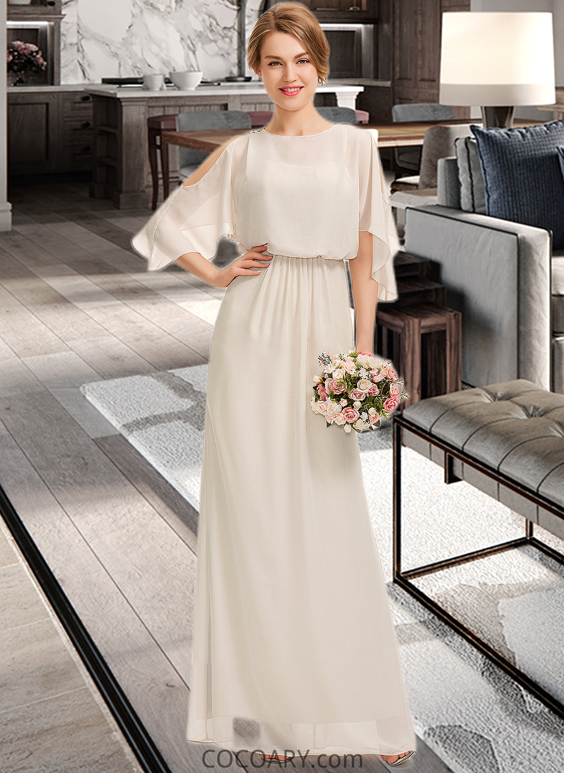 Alena Sheath/Column Scoop Neck Floor-Length Chiffon Bridesmaid Dress With Cascading Ruffles DA8P0013180