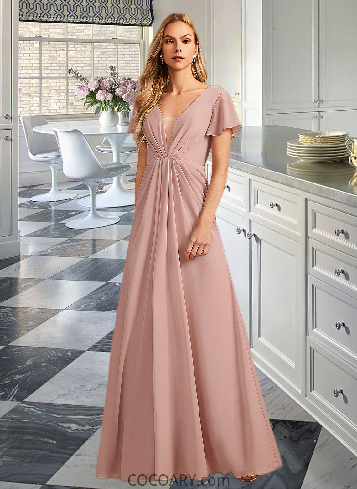 Azaria A-Line V-neck Floor-Length Bridesmaid Dress With Ruffle DA8P0013183