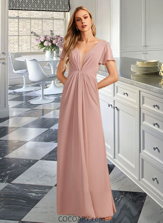 Azaria A-Line V-neck Floor-Length Bridesmaid Dress With Ruffle DA8P0013183