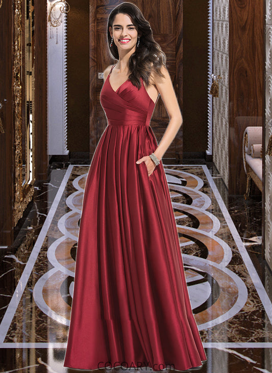 Brynn A-Line V-neck Floor-Length Satin Bridesmaid Dress With Ruffle Pockets DA8P0013187