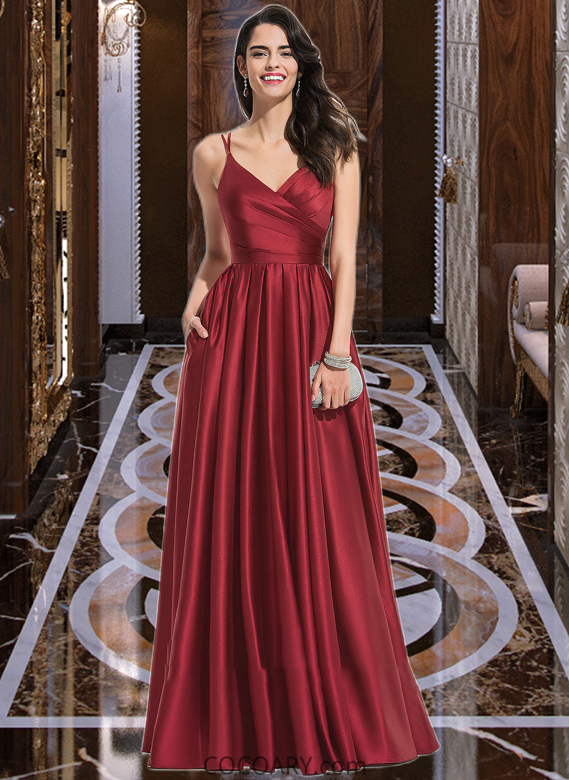 Brynn A-Line V-neck Floor-Length Satin Bridesmaid Dress With Ruffle Pockets DA8P0013187