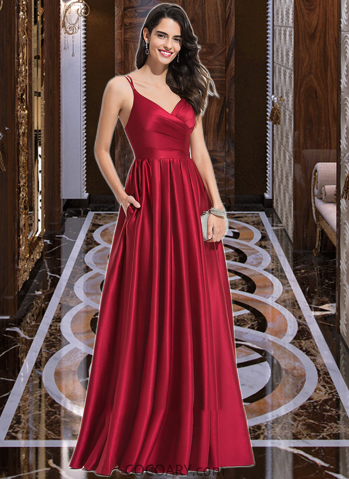 Brynn A-Line V-neck Floor-Length Satin Bridesmaid Dress With Ruffle Pockets DA8P0013187