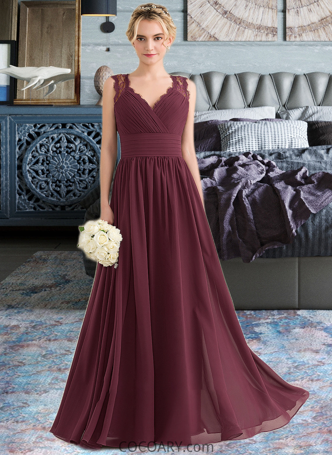 Deja A-Line V-neck Floor-Length Chiffon Lace Bridesmaid Dress With Ruffle Bow(s) DA8P0013191