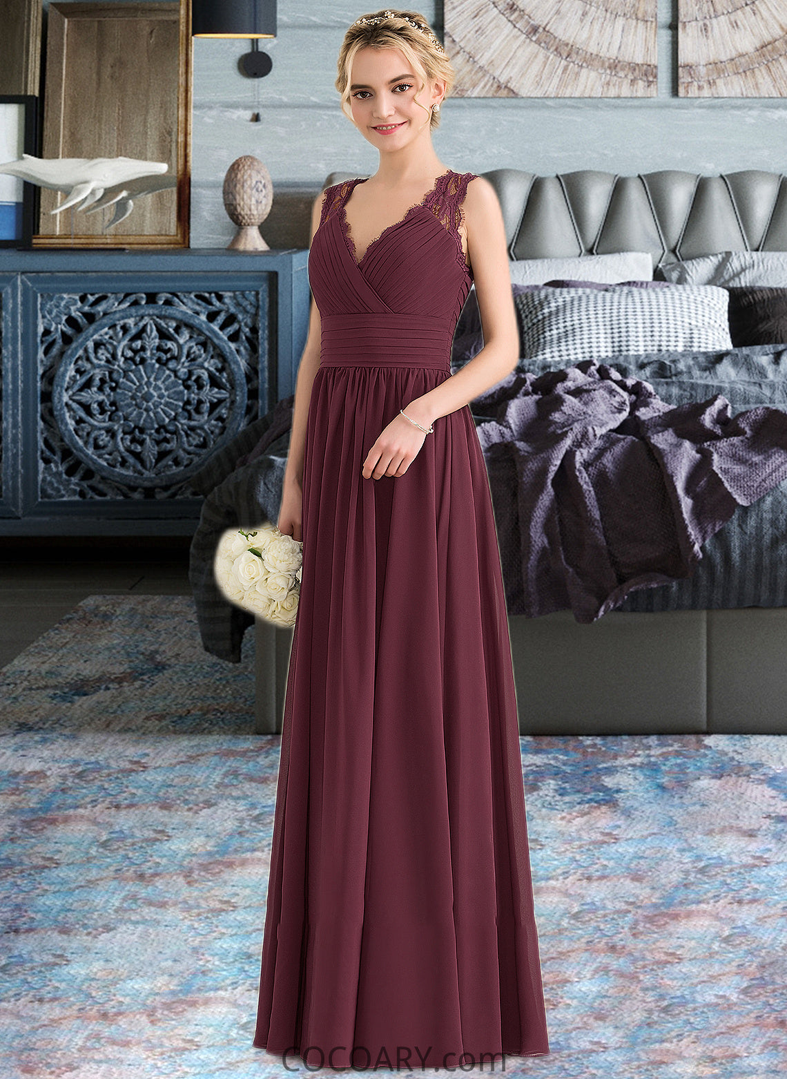 Deja A-Line V-neck Floor-Length Chiffon Lace Bridesmaid Dress With Ruffle Bow(s) DA8P0013191