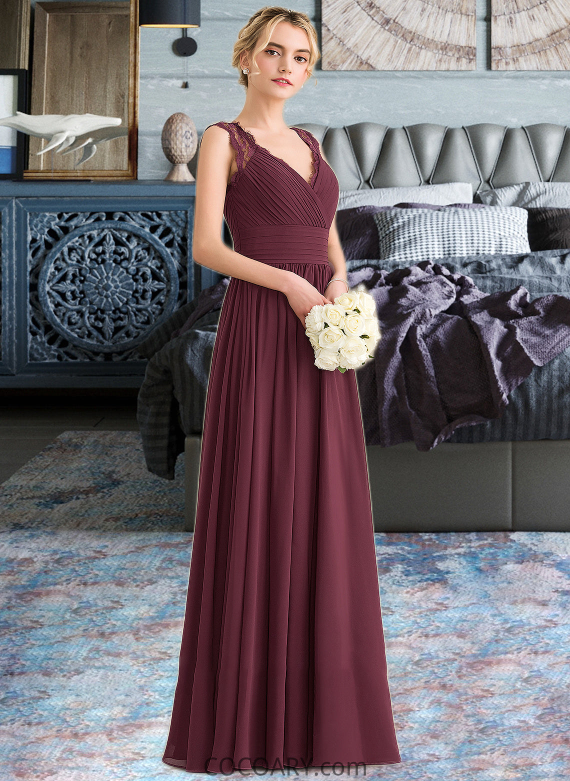 Deja A-Line V-neck Floor-Length Chiffon Lace Bridesmaid Dress With Ruffle Bow(s) DA8P0013191