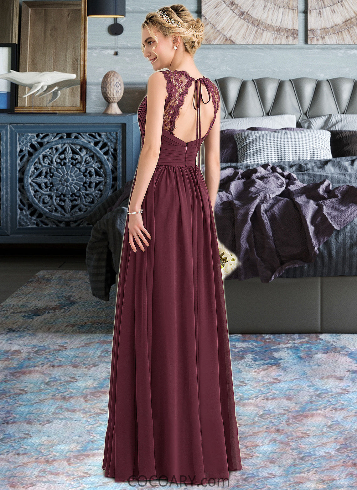 Deja A-Line V-neck Floor-Length Chiffon Lace Bridesmaid Dress With Ruffle Bow(s) DA8P0013191