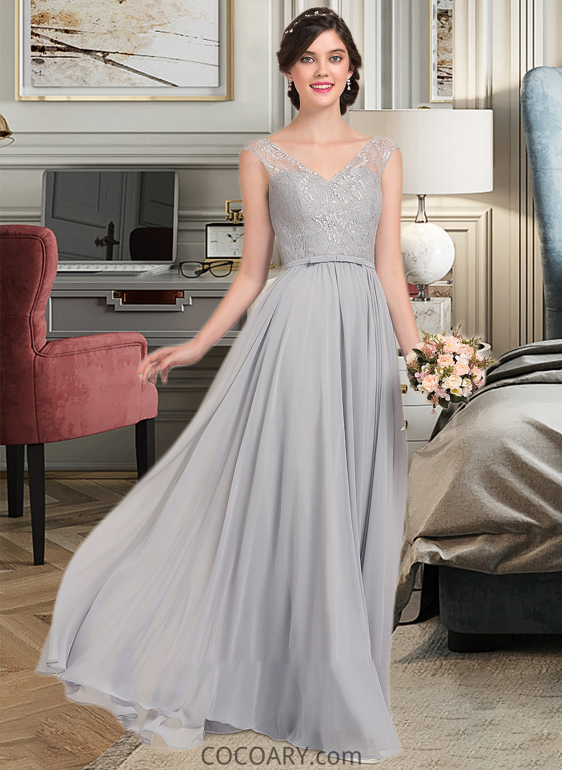 Vivienne A-Line V-neck Floor-Length Chiffon Lace Bridesmaid Dress With Bow(s) DA8P0013203