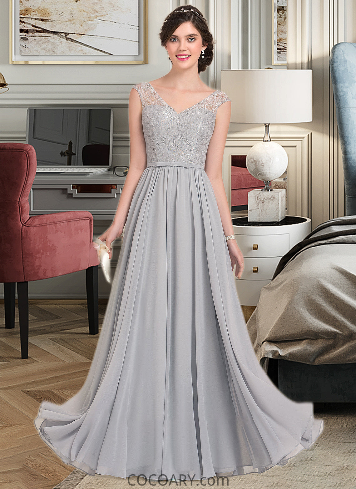 Vivienne A-Line V-neck Floor-Length Chiffon Lace Bridesmaid Dress With Bow(s) DA8P0013203