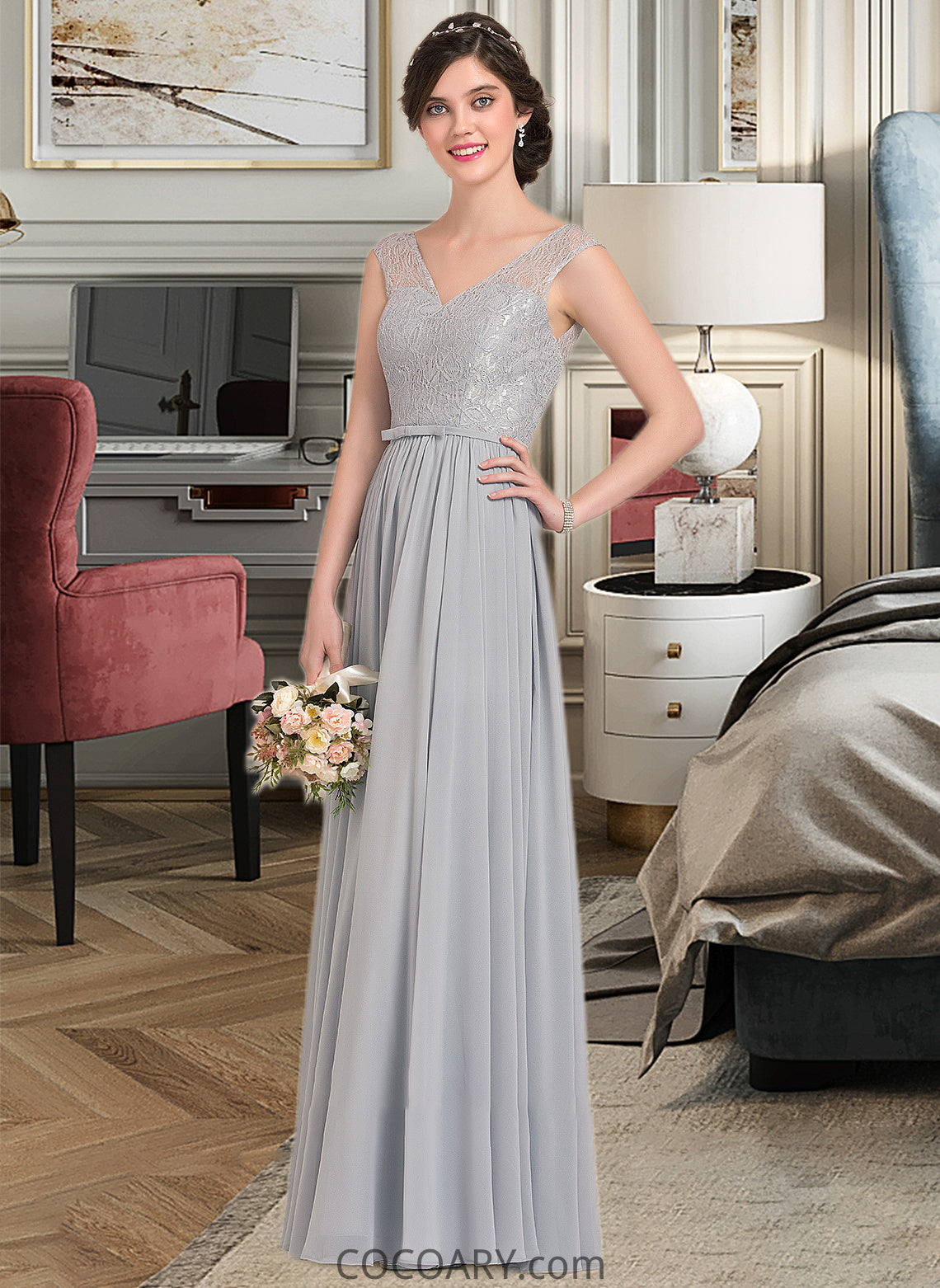 Vivienne A-Line V-neck Floor-Length Chiffon Lace Bridesmaid Dress With Bow(s) DA8P0013203