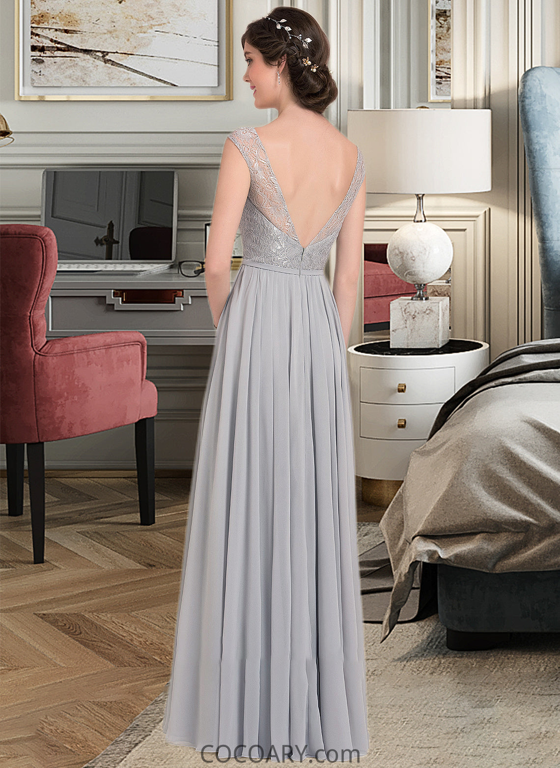 Vivienne A-Line V-neck Floor-Length Chiffon Lace Bridesmaid Dress With Bow(s) DA8P0013203