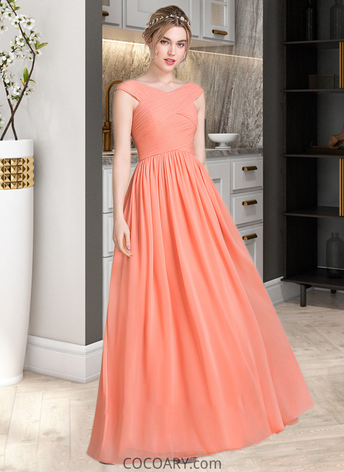 Maribel Ball-Gown/Princess V-neck Floor-Length Chiffon Bridesmaid Dress With Ruffle DA8P0013204