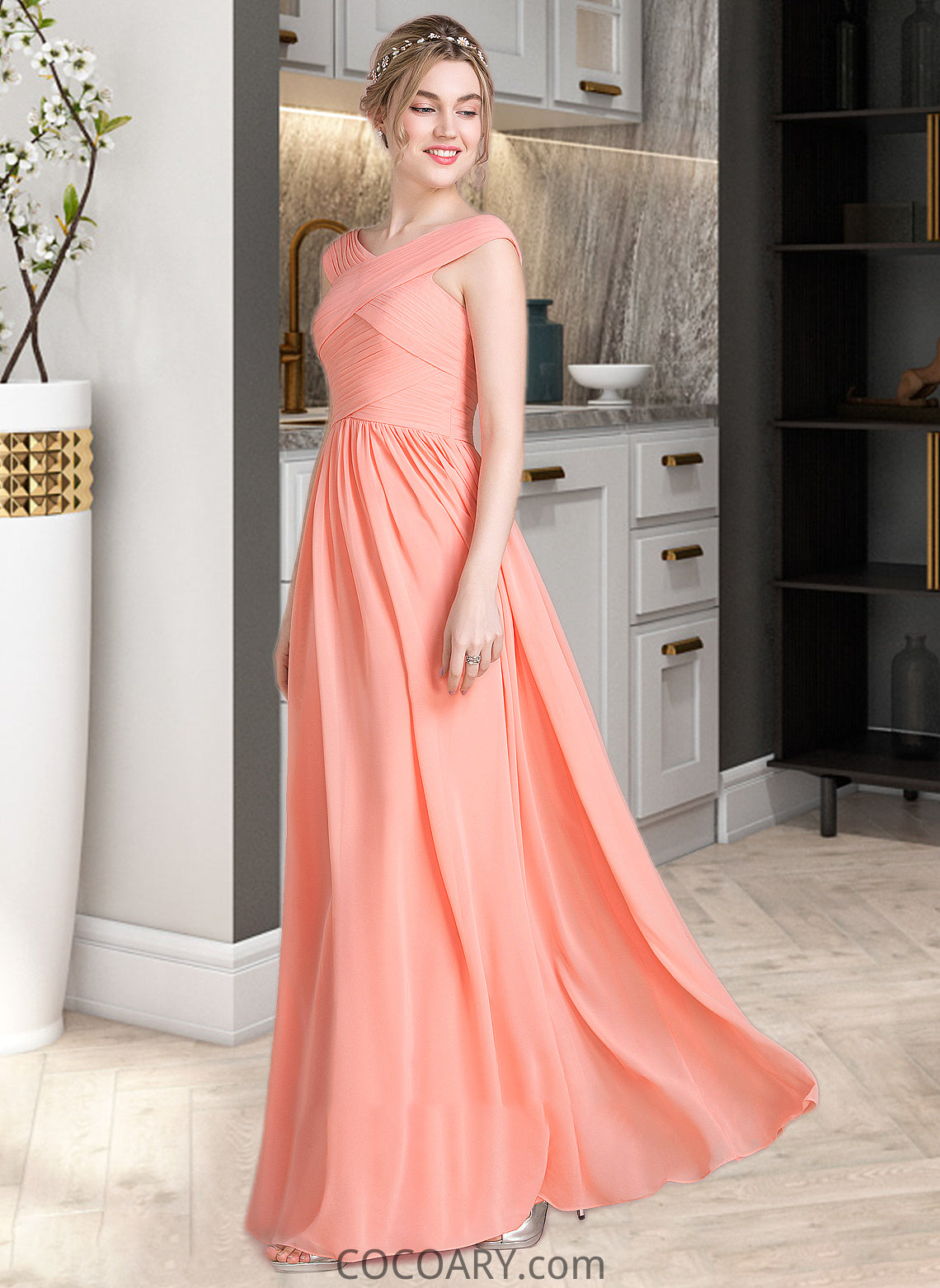 Maribel Ball-Gown/Princess V-neck Floor-Length Chiffon Bridesmaid Dress With Ruffle DA8P0013204