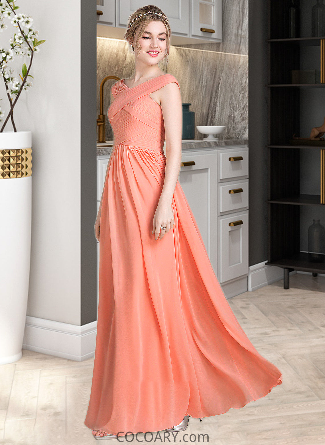 Maribel Ball-Gown/Princess V-neck Floor-Length Chiffon Bridesmaid Dress With Ruffle DA8P0013204