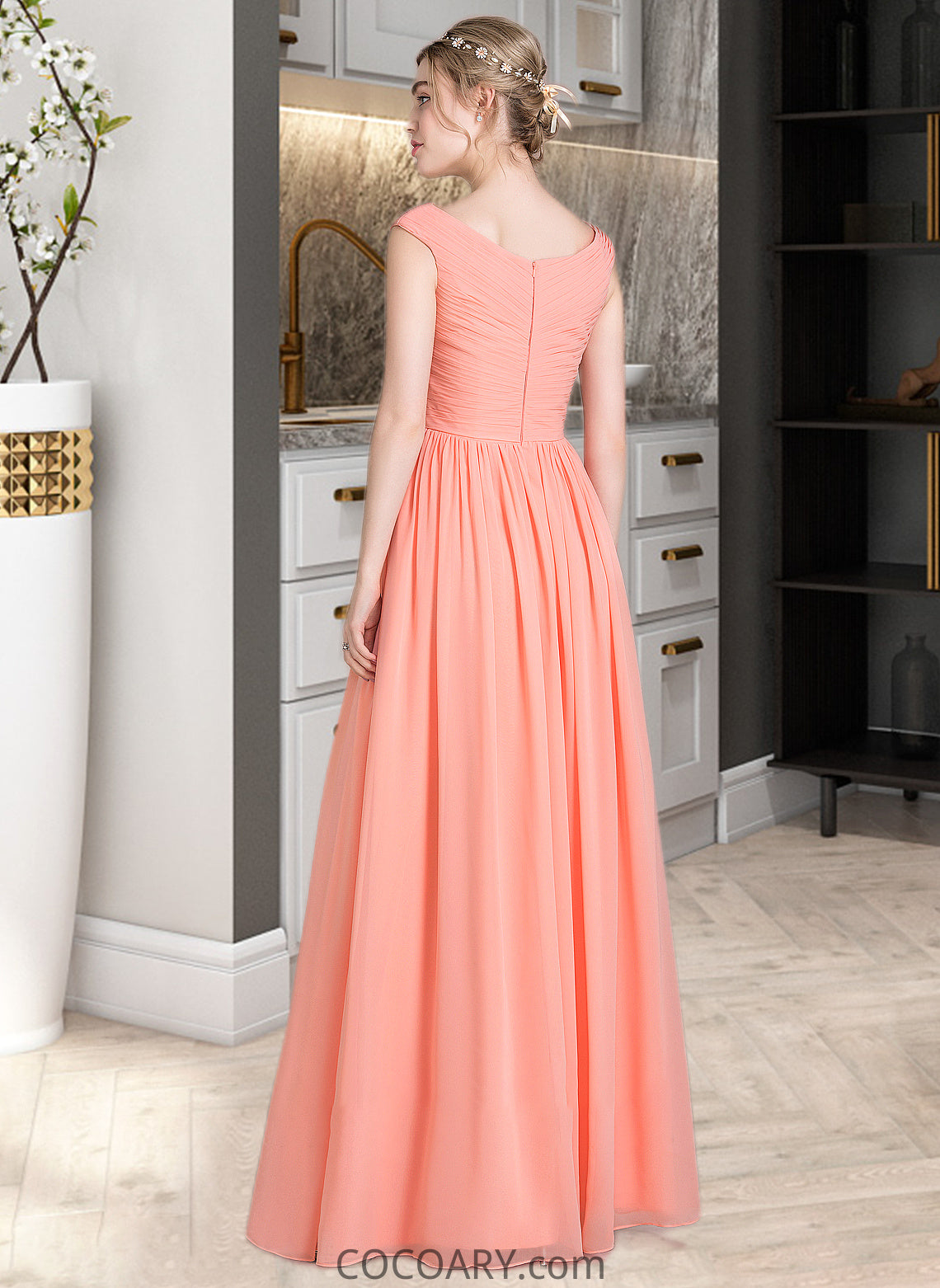 Maribel Ball-Gown/Princess V-neck Floor-Length Chiffon Bridesmaid Dress With Ruffle DA8P0013204