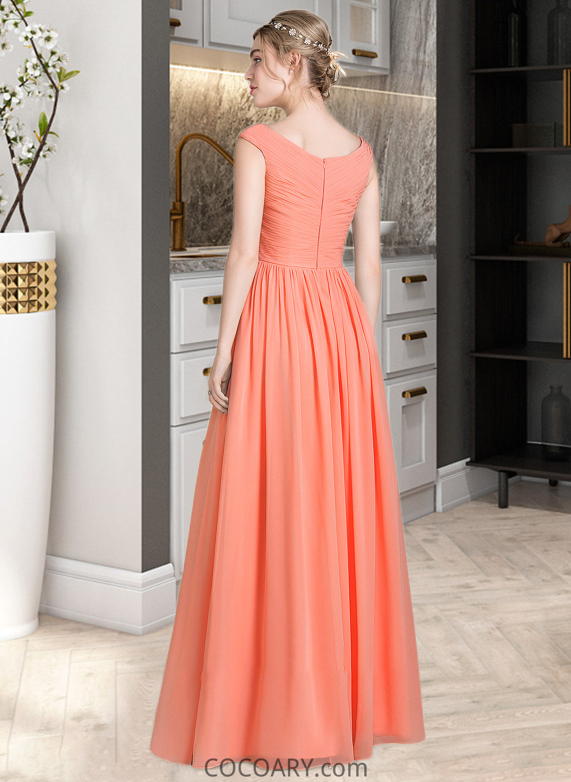 Maribel Ball-Gown/Princess V-neck Floor-Length Chiffon Bridesmaid Dress With Ruffle DA8P0013204