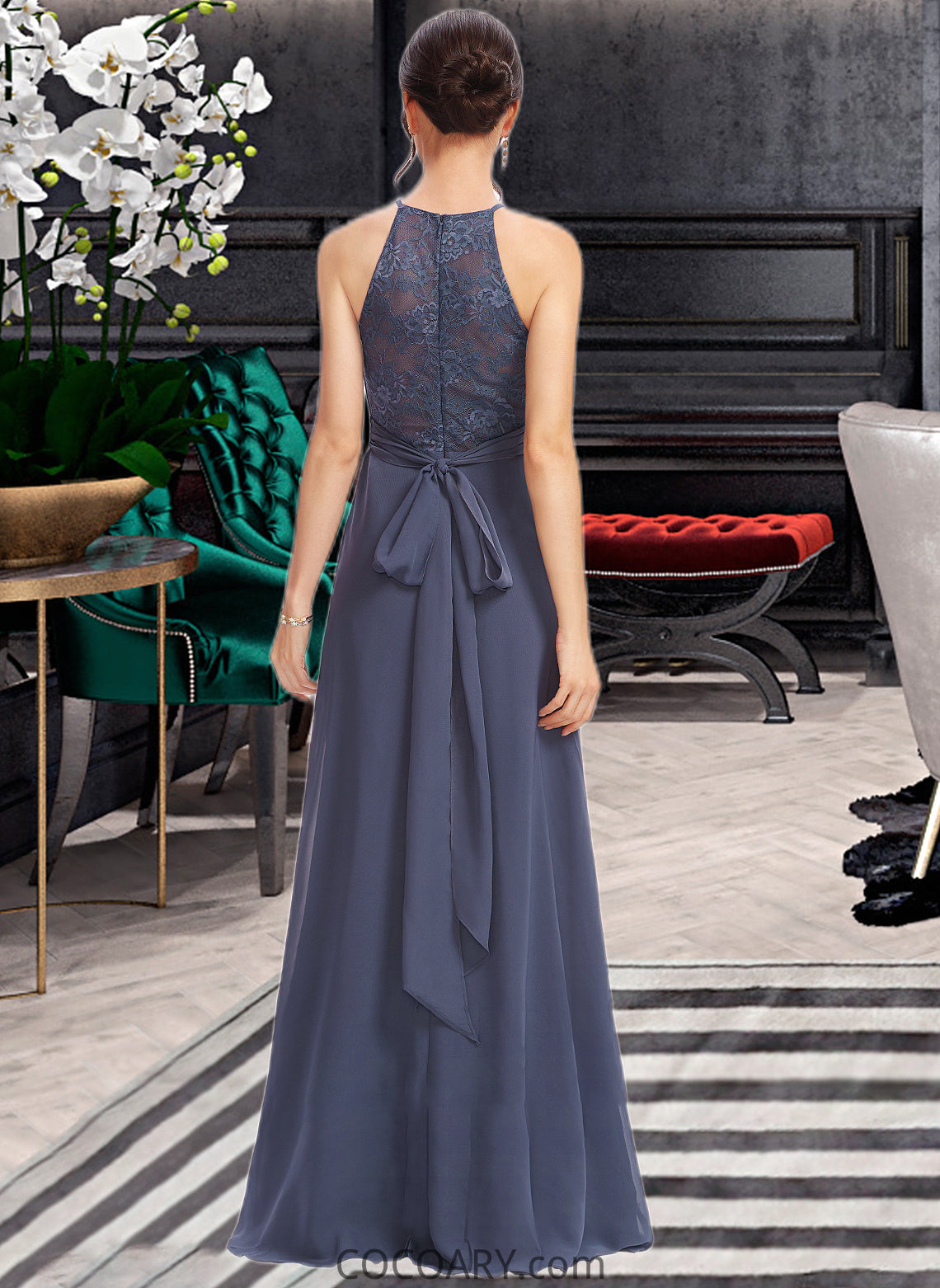 Michaelia A-Line Halter Floor-Length Bridesmaid Dress With Lace Split Front DA8P0013205