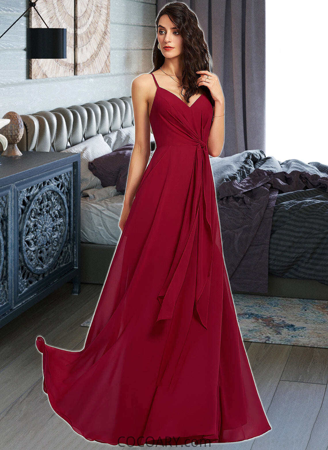 Natalya A-Line V-neck Floor-Length Bridesmaid Dress With Ruffle DA8P0013206