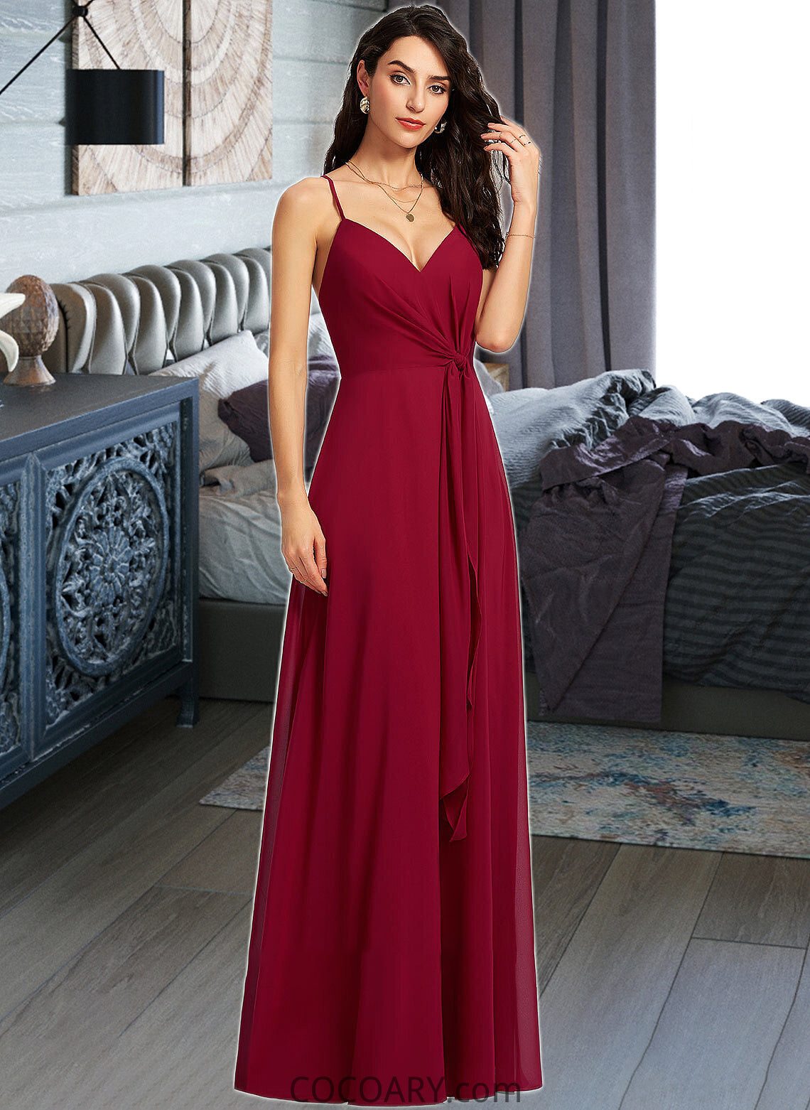 Natalya A-Line V-neck Floor-Length Bridesmaid Dress With Ruffle DA8P0013206